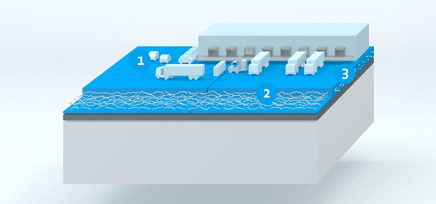 3D representation of a modified terrain with three areas, vehicles, and a water surface shown in blue and grey.